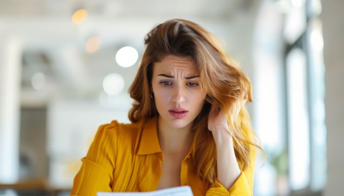 Person Looking at Statement with Worry and Surprise